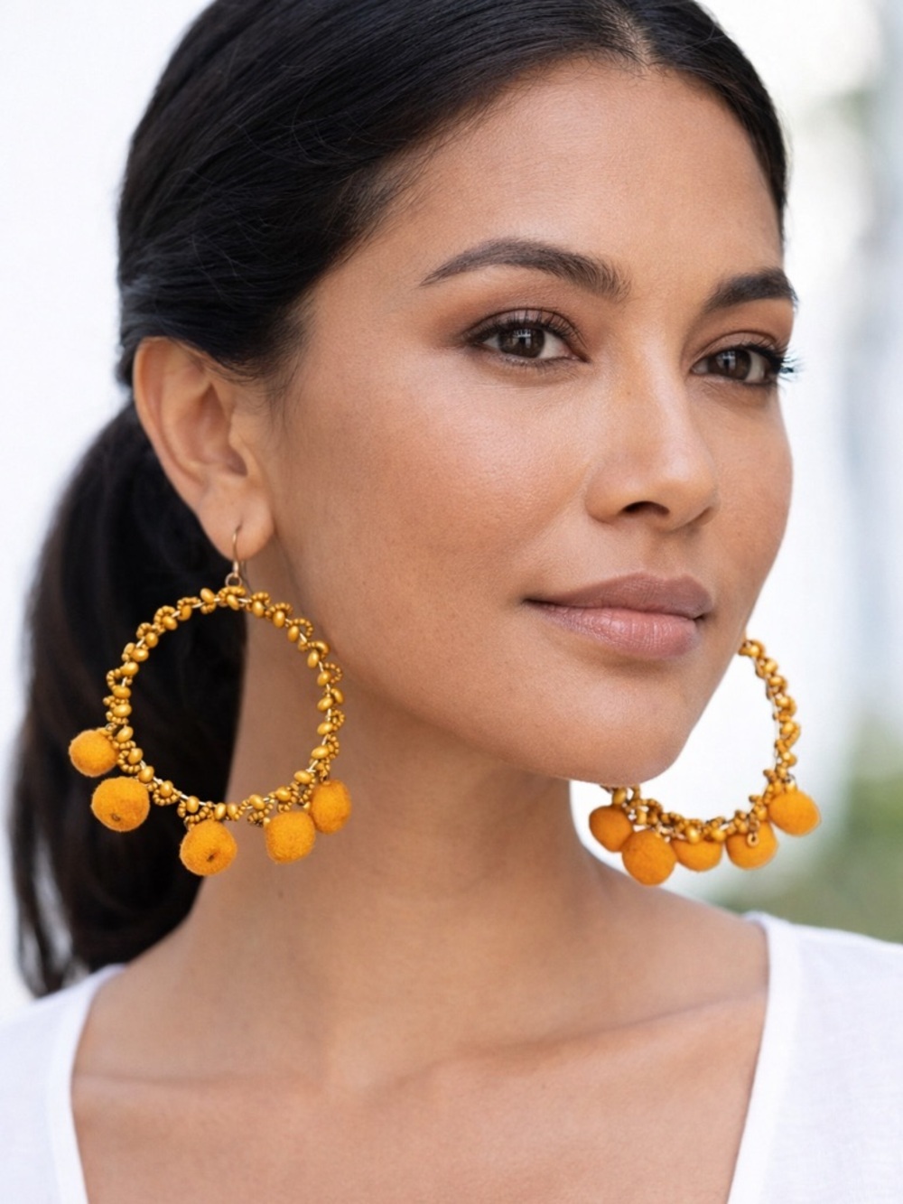 Antica Sartoria Yellow Beaded Hoop Pom-Pom Earrings, Positano Italian made